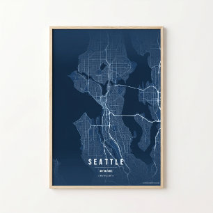 Impresión de mapa azul de Seattle Arte de pared de