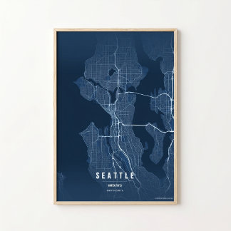 Impresión de mapa azul de Seattle Arte de pared de