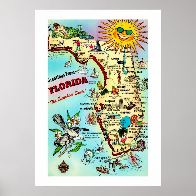 Impresión de mapa coloreado retro Florida 20x28 (Frente)