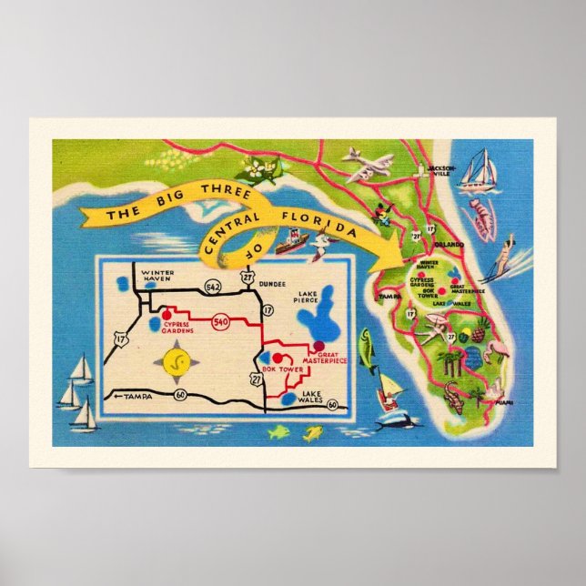 Impresión de mapa de atracciones de la Florida Vin (Frente)