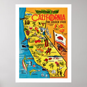 Impresión de mapa de California colorido 20x28
