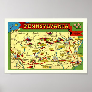 Impresión de mapa de la Vintage Pennsylvania color