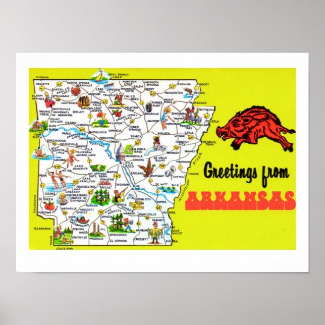 Impresión de mapa de postales de Arkansas colorida (Frente)