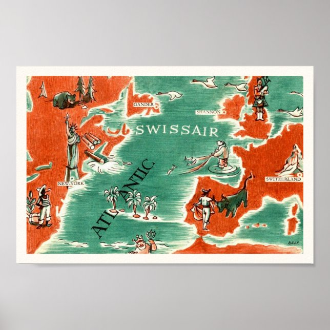 Impresión De Mapa De Swissair Ilustrado De Vintage (Frente)