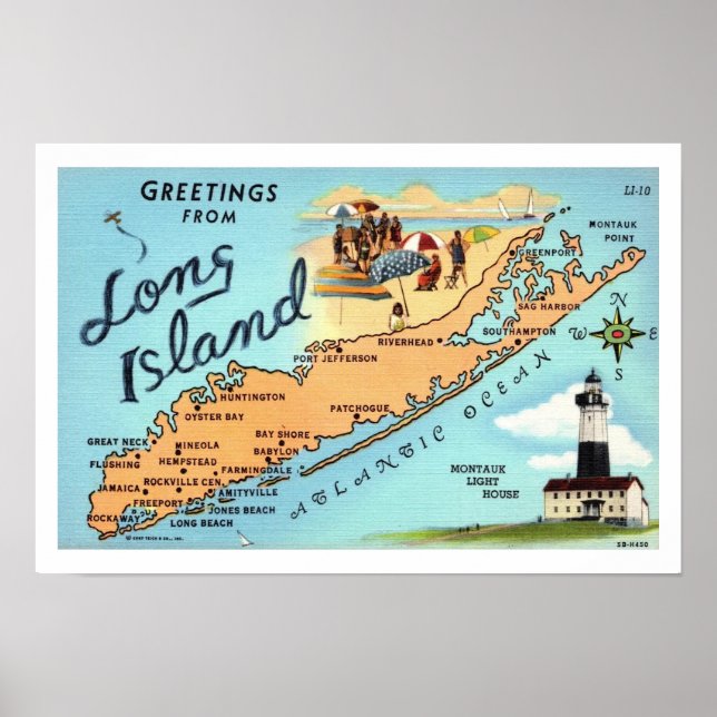 Impresión de mapa de vintage Long Island 12x18 (Frente)