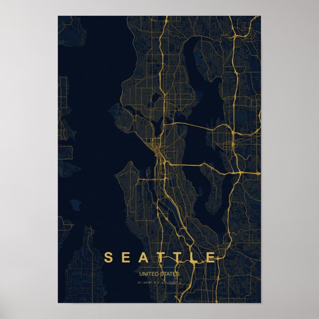 Impresión de mapa estilizado de Seattle Washington (Frente)