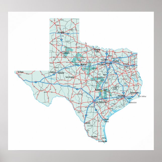 Impresión de mapa interestatal de Texas (Frente)
