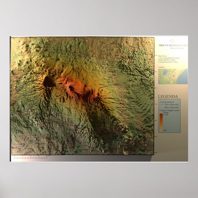 Impresión de MAPA KILIMANJARO, papel Poster de val (Frente)