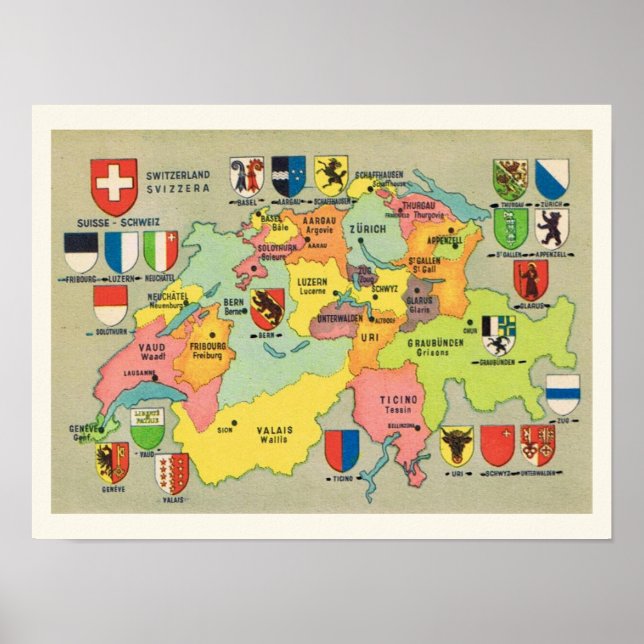 Impresión de mapa vintage de Suiza 12x16 (Frente)