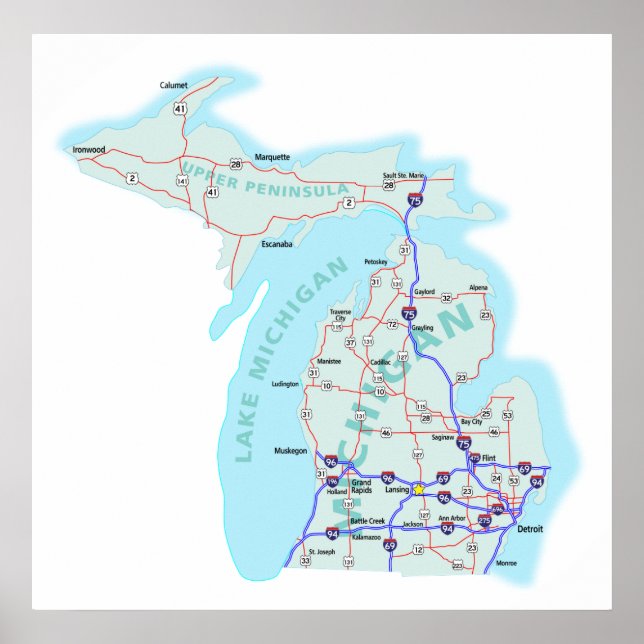 Impresión de mapas interestatales de Michigan (Frente)