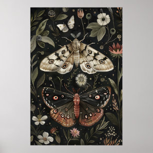 Impresión de mariposa nocturna, arte botánico flor