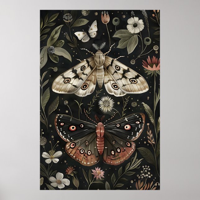 Impresión de mariposa nocturna, arte botánico flor (Frente)