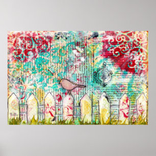 Impresión de medios mixtos de Bird on White Picket