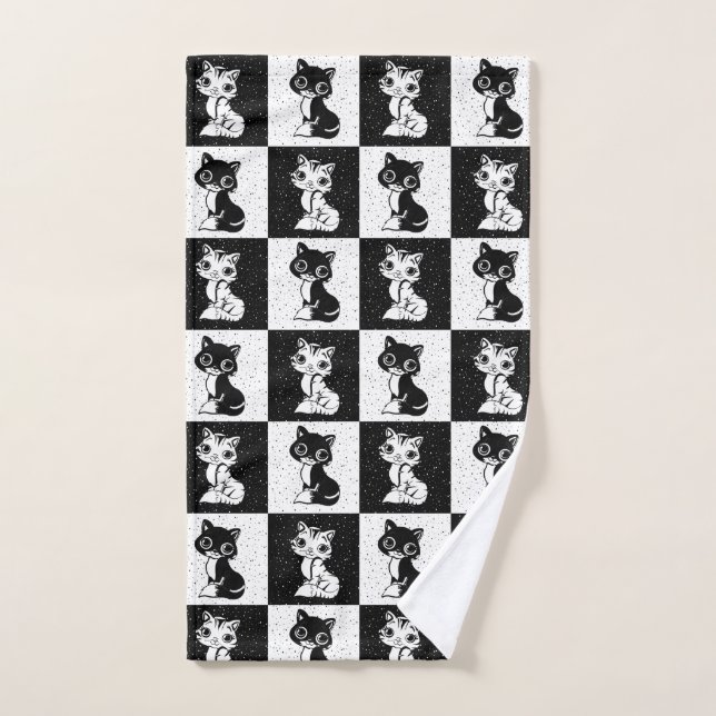 Impresión de monograma de gato blanco negro (Toalla de mano)