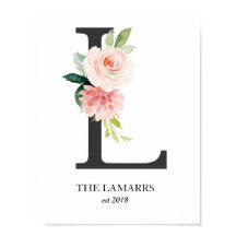 Impresión de monograma, letra floral L, boda, guar