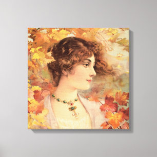 Impresión de Mujer de Otoño Art Nouveau con Follaj
