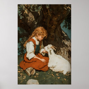 Impresión de niña y cabra, arte antiguo imprimible
