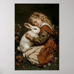 Impresión de niña y conejo, impresión de conejo an