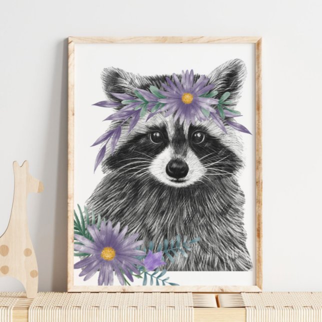 Impresión de Nursera Floral de Raccoon Baby | Impr (Baby Raccoon Floral Nursery Print | Raccoon Print by TinkPrints)