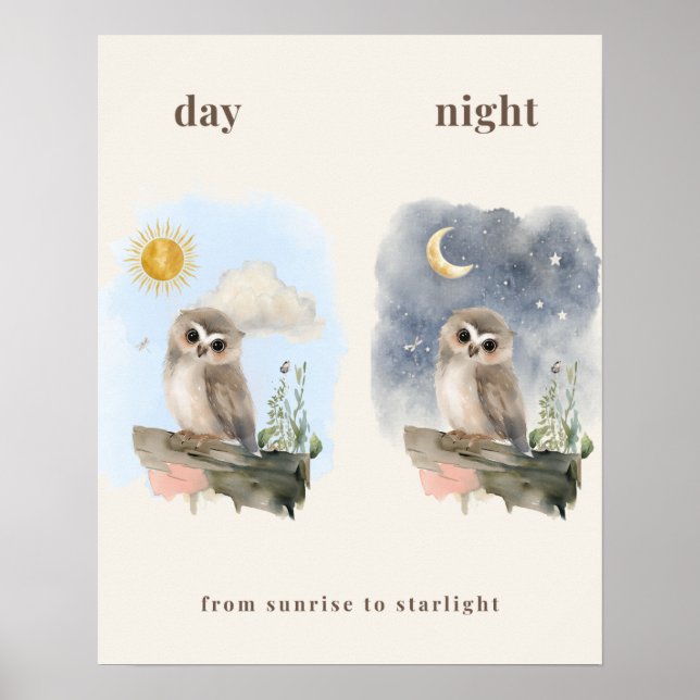 Impresión de nursery de búho día y noche (Frente)