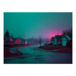 Impresión de paisaje nocturno suburbano de niebla