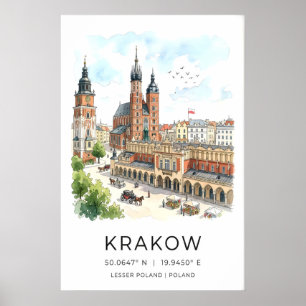 Impresión de paisaje urbano de Cracovia Acuarela y