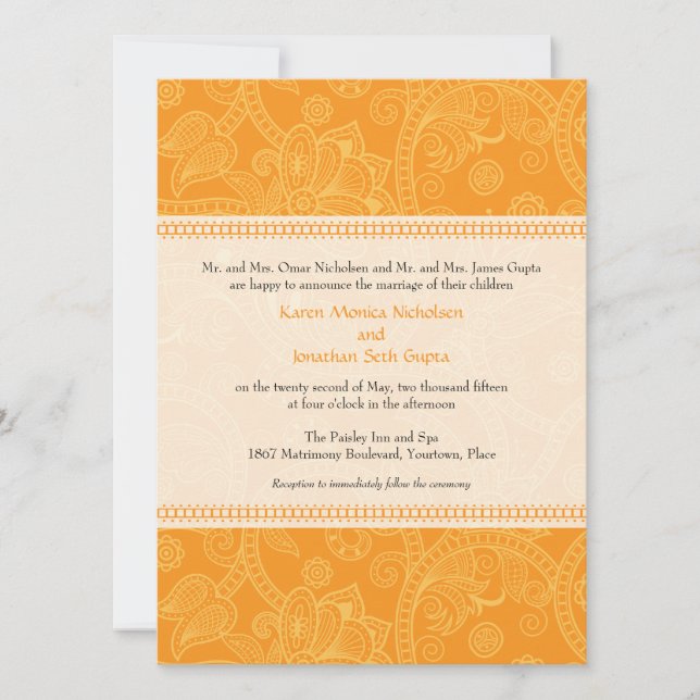 Impresión de Paisley en la invitación anaranjada (Anverso)