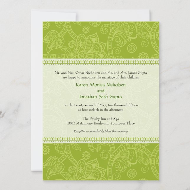 Impresión de Paisley en la invitación verde de la (Anverso)
