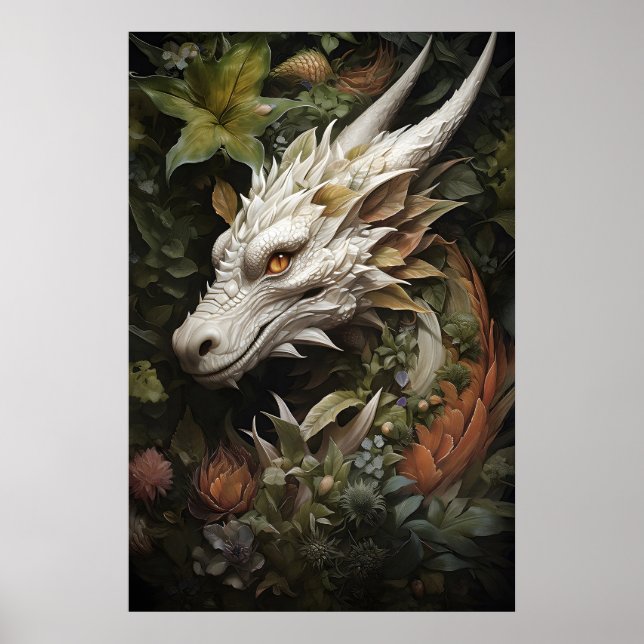 Impresión de pared de dragón floral, Mystical Dark (Frente)