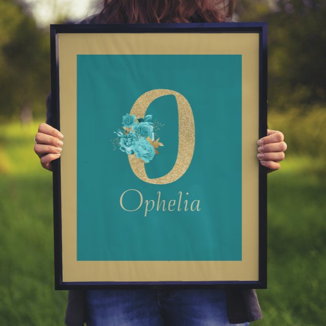 Impresión de pared de floral de oro y Aqua (Subido por el creador)
