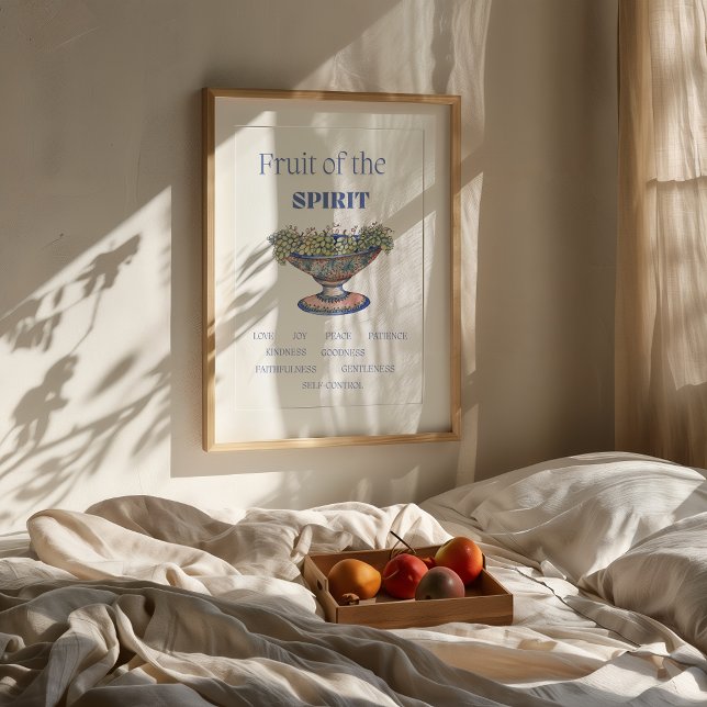 Impresión de pared de la Biblia espiritual (Minimalist Fruit of the Spirit poster in a neutral modern room with wooden furniture and soft light.)
