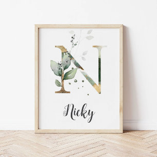 Impresión de pared de monograma de letra N de vege