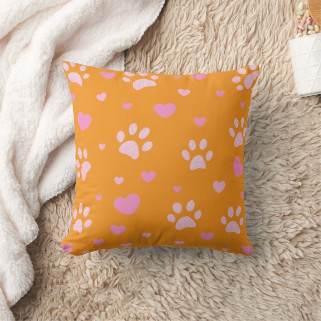 Impresión de pata rosa y blanca y almohada Naranja (Manta)