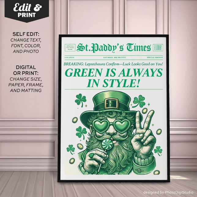 Impresión de periódico de moda St. Patricks Wall A (Trendy St. Patricks Wall Art Retro Newspaper Print)
