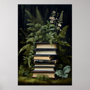 Impresión de pila de libros de helechos florales, 