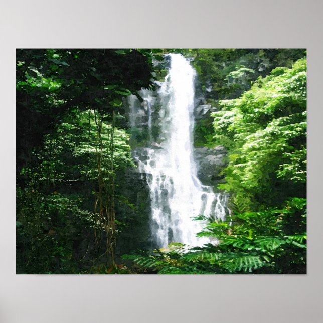 Impresión de pintura al óleo de cascada de Hawái (Frente)