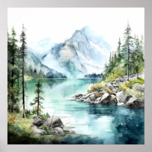 Impresión de pintura de acuarela de Mountain Lake