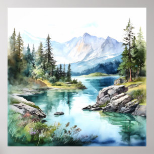 Impresión de pintura de acuarela de Mountain Lake
