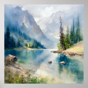 Impresión de pintura de acuarela de Mountain Lake