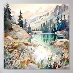 Impresión de pintura de acuarela de Mountain Lake
