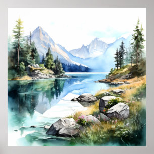 Impresión de pintura de acuarela de Mountain Lake