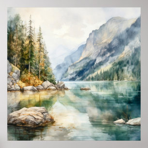 Impresión de pintura de acuarela de Mountain Lake