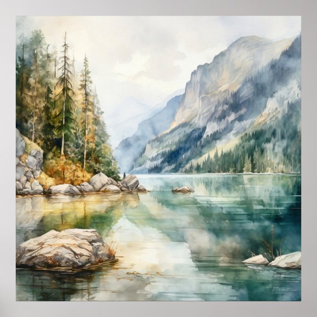 Impresión de pintura de acuarela de Mountain Lake (Frente)