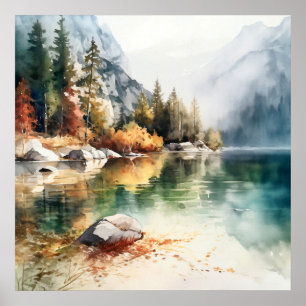 Impresión de pintura de acuarela de Mountain Lake