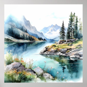 Impresión de pintura de acuarela de Mountain Lake