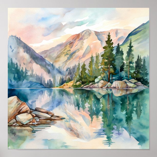 Impresión de pintura de acuarela de Mountain Lake (Frente)