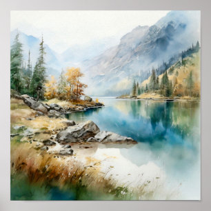 Impresión de pintura de acuarela de Mountain Lake