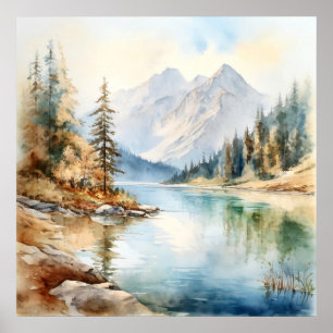 Impresión de pintura de acuarela de Mountain Lake