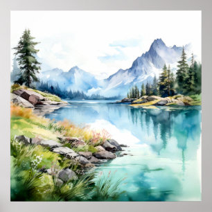 Impresión de pintura de acuarela de Mountain Lake