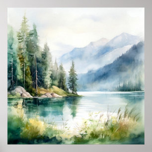 Impresión de pintura de acuarela de Mountain Lake